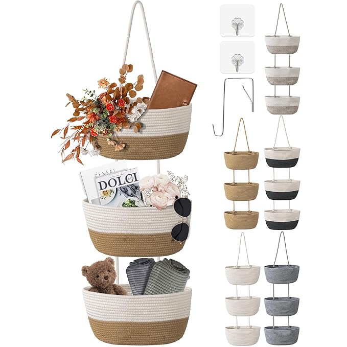 3 Tier Wall Mounted Woven Hanging Basket, Over the Door Hanging Basket with Hooks, Decorative Storage Hanging Closet Removable, Large Wall Basket for Living Room, Bedroom (White & Brown)