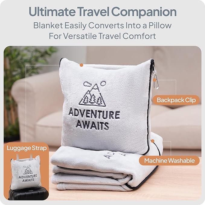 Travel Pillow & Blanket Set - Super Soft 2 in 1 Blanket with Cozy Hand & Feet Pouches Zip into Plush Pillows - Large Size Wraps You in Warmth on Airplanes - Luggage Sleeve & Backpack Clip (Gray)