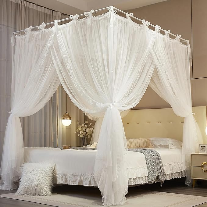 4 Corners Post Princess Curtain Bed Canopy Lace Up Double Layer 4 Opening Mosquito Net Mesh for Girls Bedroom Decoration(White, 78" W*86" L*82" H/King)