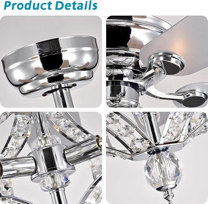 NicBex Ceiling Fan 52 Inch Crystal Ceiling Fan with Lights Ceiling Fans with 5 Blades and Remote Control Ceiling Fan with Lamp Shade for Bedroom, Living Room, Silver