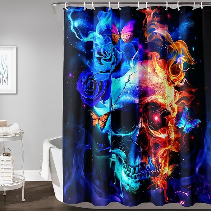 AILONEN Sugar Skull Shower Curtain,Blue Rose Flower Skull Bath Curtain,3D Printed Fire Skull Waterproof Curtain,Galaxy Butterfly Shower Curtain for Bathroom 72" W x 84" H