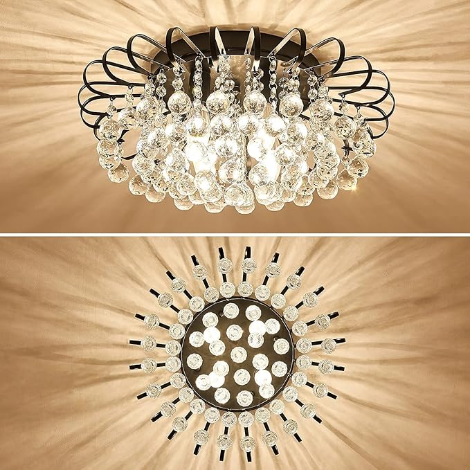 CVKASH Crystal Floral Chandelier 4-Light Antique Modern Black Flush Mount Raindrop Crystal Ceiling Lighting Fixture Chandelier for Living Room Bedroom Dining Room Entryway D17.71 H8.26