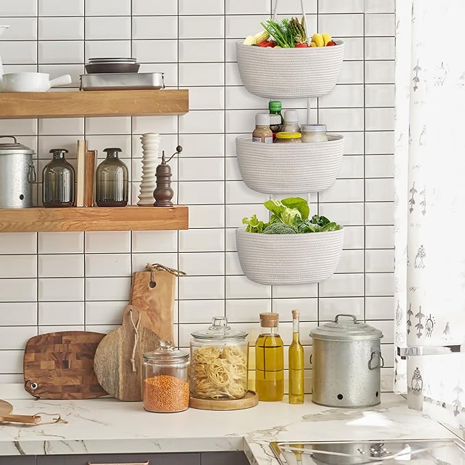 3 Tier Wall Mounted Woven Hanging Basket, Over the Door Hanging Basket with Hooks, Decorative Storage Hanging Closet Removable, Large Wall Basket for Living Room, Bedroom (White & Brown)