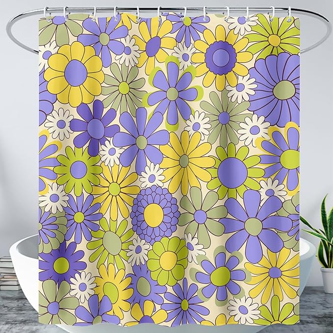AILONEN Flower Shower Curtain for Bathroom,Polyester Fabric Waterproof,Purple Yellow Plants Flowers Bath Curtains Washable, 72" W x 78" H