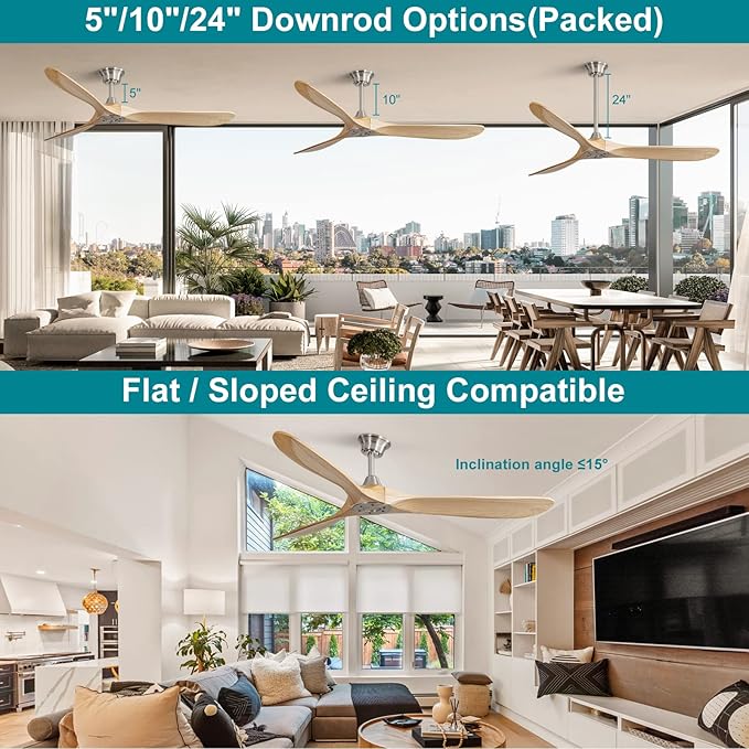 Sofucor 60" Ceiling Fan no Light and Remote Control, Outdoor Ceiling Fan Without Light, 3 Blade Ceiling Fan with Quiet Energy Saving Motor, 6 Speeds, Light Wood Grain