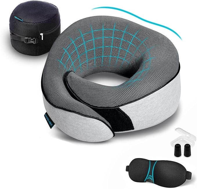 Travel Neck Pillows for Airplanes, Sleeping Essentials for Long Flight, 360° Head Support, Car and Airplane Kit with 3D Contoured Eye Mask, Earplugs and Luxury Mesh Bag (Adult, Grey)