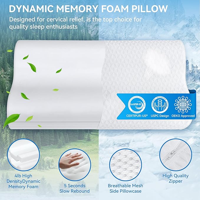 Cervical Neck Pillow Queen Size - Sandwich Dynamic Memory Foam Pillow for Sleeping, Adjustable Contour Ergonomic Orthopedic Cooling Pillow for Side, Back & Stomach Sleepers Soft