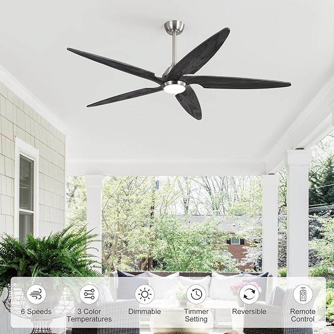 Modern Ceiling Fan with Lights and Remote, 5 Solid Wood Reversible Blades, 6-Speed Noiseless DC Motor with Replaceable Downrods for Bedroom Living Room Dining Room (Nickel and Gray, 64")