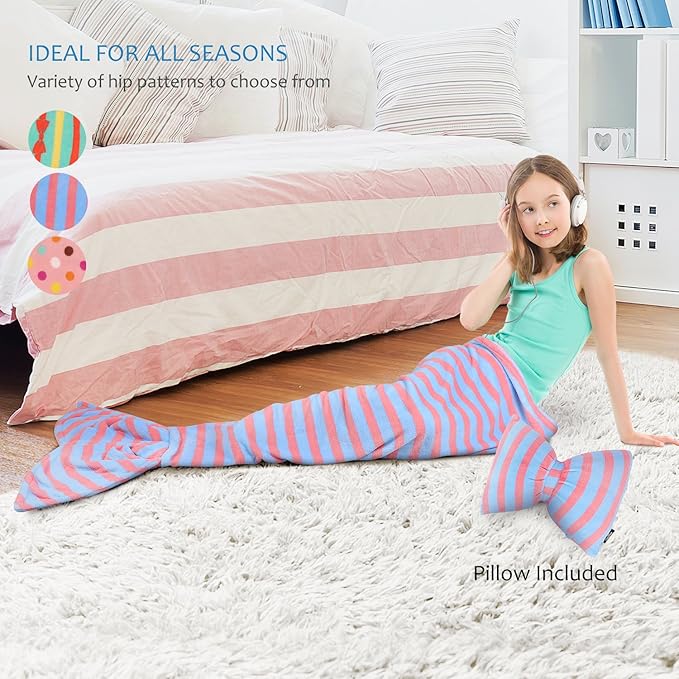 Catalonia Kids Mermaid Tail Blanket Pillow Cushion,Super Soft Coral Plush Fleece Mermaids Gift Snuggle Sleeping Bag for Girls Teens Children 60 x 21 Light Blue