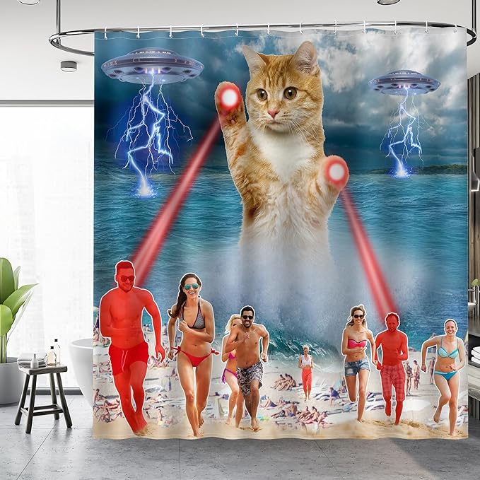 Aimego Long Funny Shower Curtain - Cute Cool Ocean Cat with Weird Adults Beach UFO Fun Fabric Cloth Bath Shower Curtain Set with 12 Hooks for Bathroom Decor Accessories Bathtub Curtain, 72"x78"