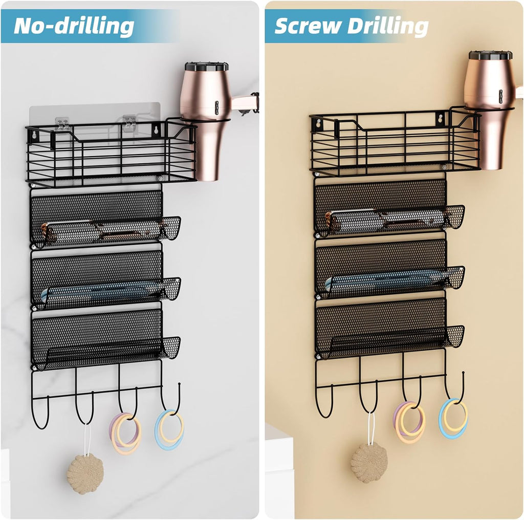 VITVITI Metal Hair Tool Organizer Wall Mount, Hair Dryer Holder with 4 Tier Shelf Basket Hooks, Bathroom Hair Styling Tool Organizer for Curling Iron/Blow Dryer/Straightener, Matte Black