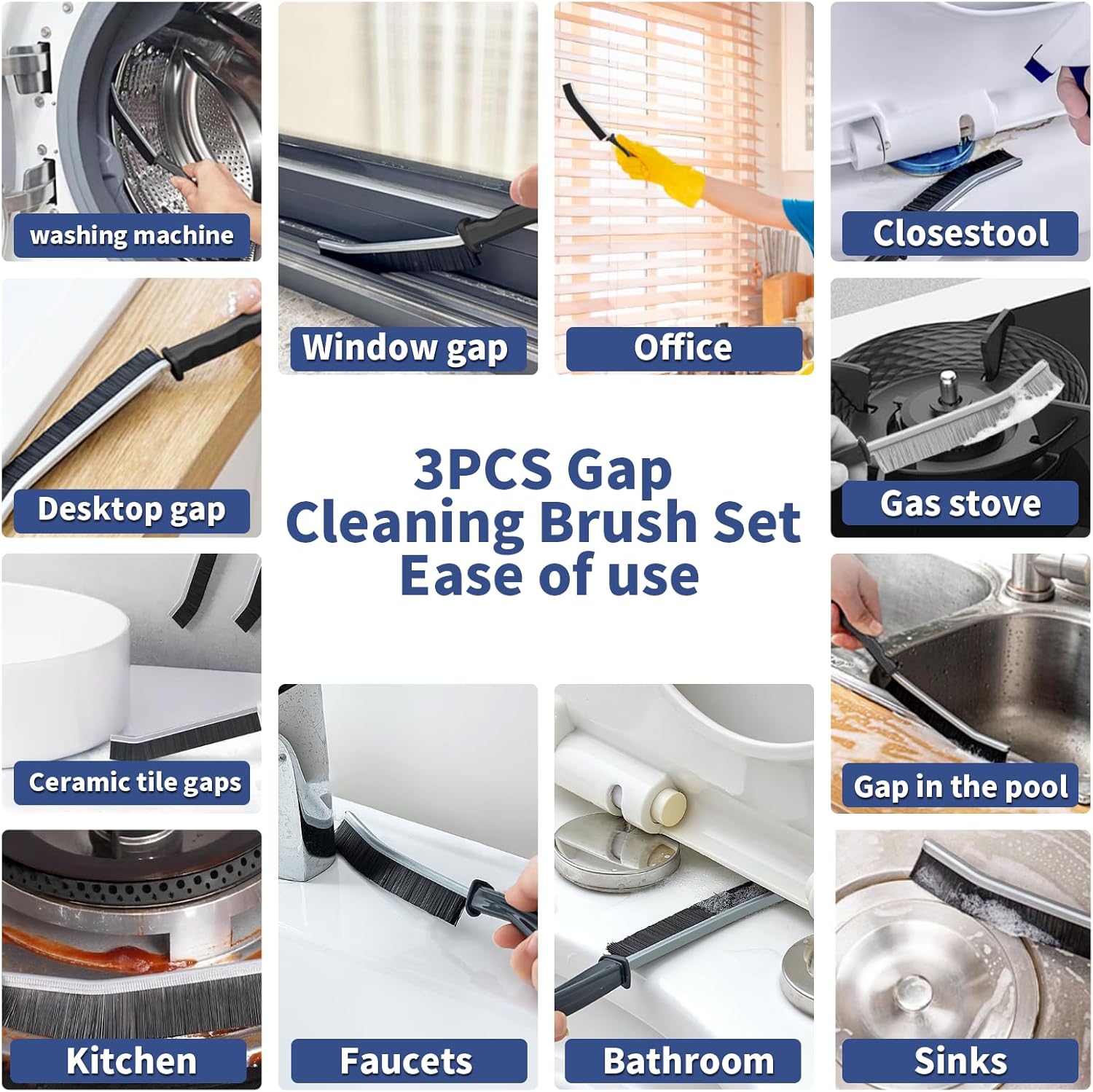 3 Pcs Cleaning Brushes for Household - Crevice Brush for Scrub Small Spaces, Toilet Cleaning Tool with Comfortable Grip, Long&Firm Bristle for Shower Tile Grout, Sinks Gap, Window Tracks, Hinges