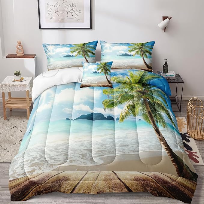 Bedbay Beach Theme Comforter Set Twin Size Tropical Bedding Twin Size Palm Tree Comforter Set Boys Girls Sunny Beach Coastal Bedding Down Comforter Set Soft Microfiber 3 Pcs Quilt Set(Beach,Twin)