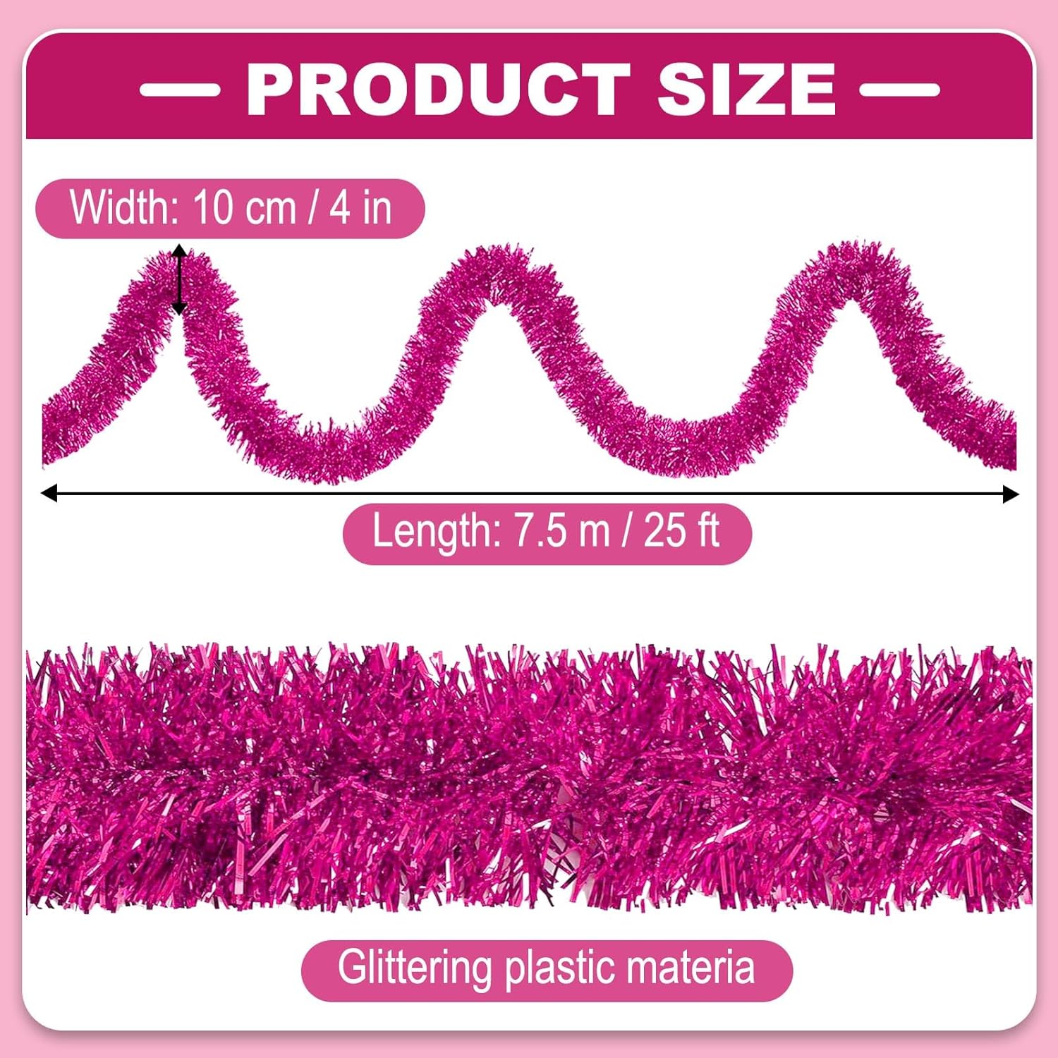 25 Feet Metallic Twist Tinsel Garland Backdrop for Parade Floats, Christmas Eve, New Year, Valentine's Day Party Decorations (Fuchsia, 4in x 25ft)