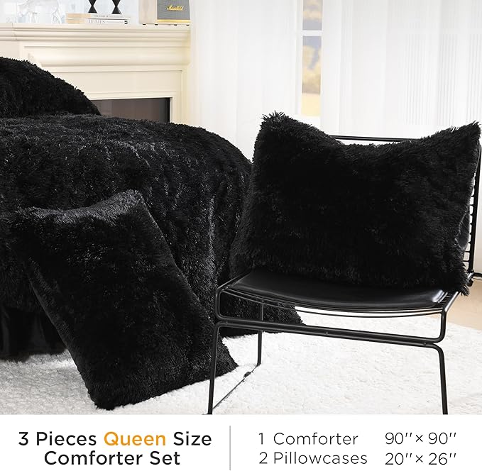 Litanika Black Fluffy Comforter Queen, Luxury Fuzzy Plush Faux Fur Bedding Set for Queen Bed, Ultra Soft Velvet Warm Comforter 3 Pieces(1 Shaggy Comforter 90×90 Inch, 2 Pillowcases)