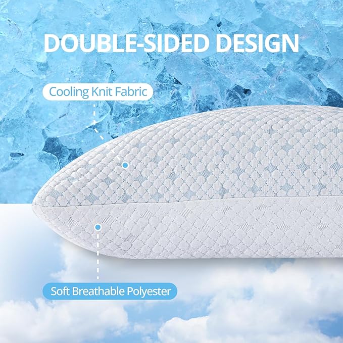 Shredded Memory Foam Pillows for Hot Sleepers, Cooling Adjustable Bed Pillows for Side, Back or Stomach Sleepers, Neck Pillows for Sleeping, Queen Pillow with Removable Cover (2 Pack, Cooling)