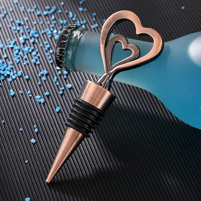 12PCS Valentine's Day Wedding Favors for Guests,Happy Birthday Graduation Gifts Double Heart Wine Bottle Stoppers Bridal Shower Anniversary Party Decor (12,Bronze Heart)