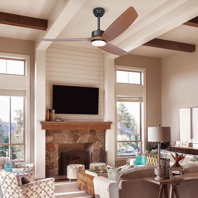 Ohniyou 56 Inch Ceiling Fan with Lights, Modern 3 Blades Ceiling Fan with Remote/APP Control Dimmable 3 CCT, Walnut Indoor Outdoor Ceiling Fan for Covered Patios Farmhouse Living Room