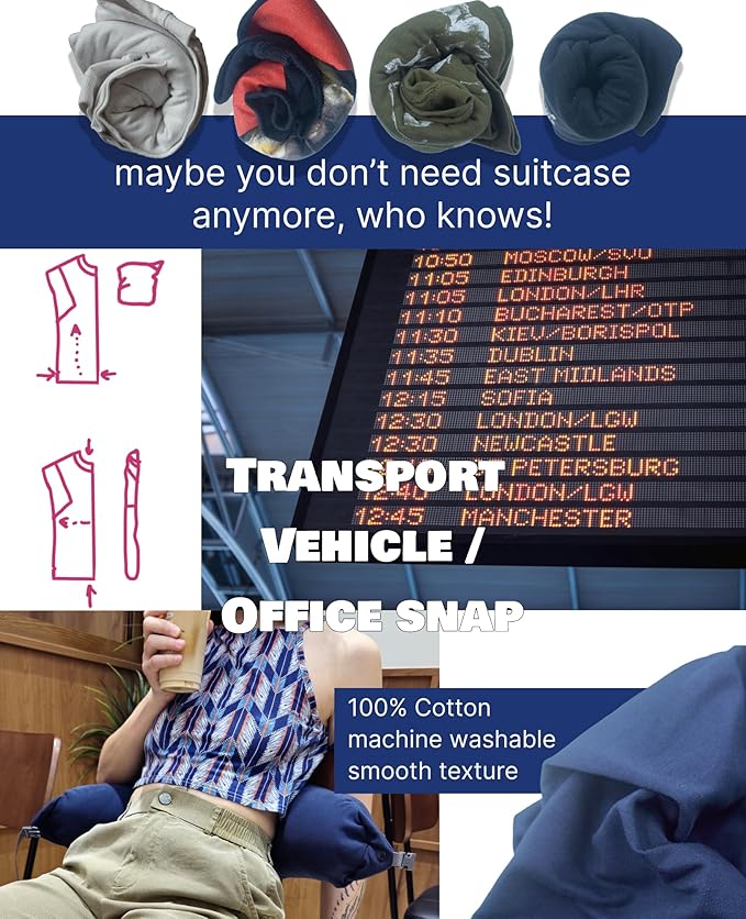 Stuffable Travel Neck Pillow, 2-Way Hoodie, Carry-on Luggage Holder, Cotton Light Blocking, for Airplane, Office, Vehicle Transportation (Navy)