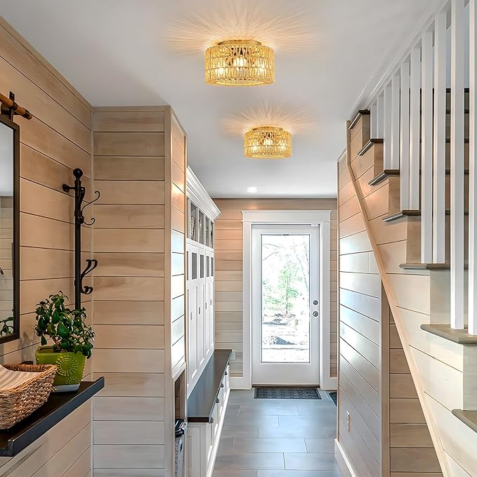 MAYNA 3-Light Boho Light Fixtures Ceiling Mount, Hand-Woven Chandelier Light Fixture,Farmhouse Rattan Flush Mount Ceiling Light for Hallway Bedroom Kitchen Living Room Entryway (Gold)