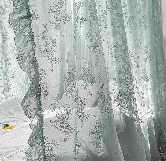 Mengersi Canopy Bed Curtains with Tie Backs,Bed Canopy Curtains Bed Drapes Sheer Lace Curtains for Bedroom Decor（California King,Sage Green