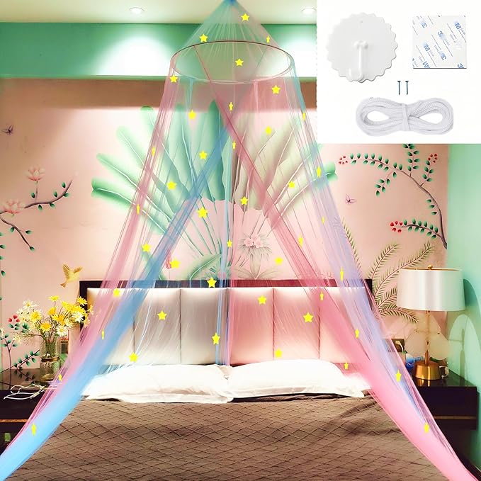 Eimilaly Two-Tone Bed Canopy Glow in The Dark Pink Blue, Mosquito Net Bed Canopy for Girls Room Decor, Single Door