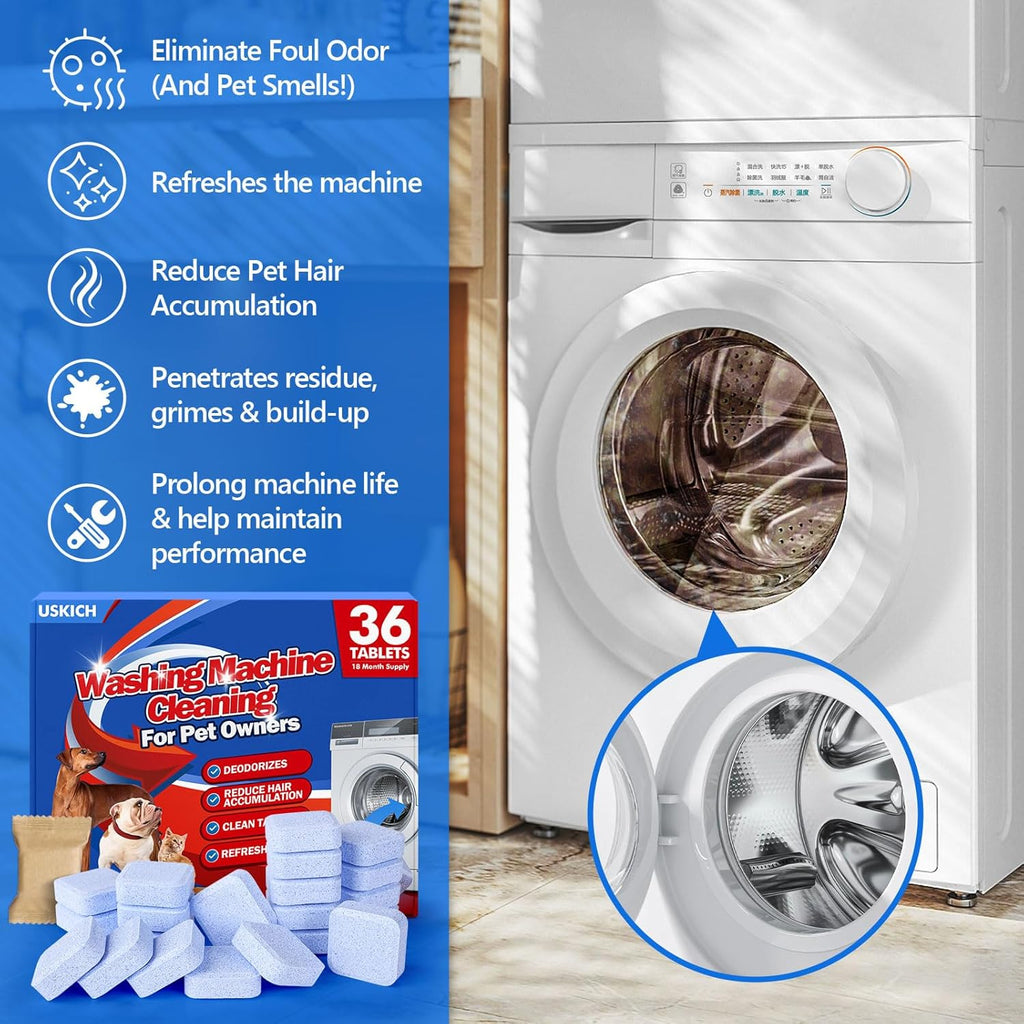 36Pack Washing Machine Cleaner Tablets-18 Month Supply,Washer Machine Cleaner Formulated For Pet Owners,Easy Pet Hair Remover for Laundry,Compatible with HE, Top & Front Load Washer.Septic Safe