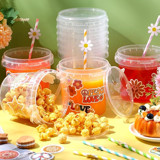 20 Pcs 32 oz Ice Cream Buckets with Lids and Handles Clear Cocktail Rum Buckets Reusable Food Containers with 100 Pcs Boho Stickers 24 Pcs Boho Flower Straws for Party Supplies