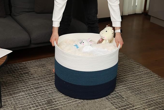 24" x 24" x 17" Max Size Large Cotton Rope Basket, Extra Large Storage Basket, Woven Laundry Hamper, Cloth Storage Bin, for Blankets Clothes Towels Pillows in Living Room, Dark Blue/Deep Blue