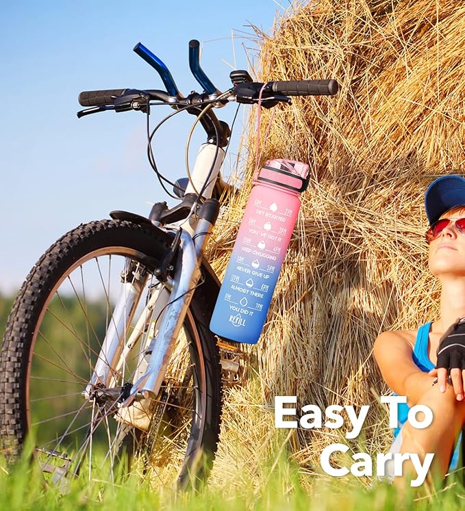 32oz Motivational Water Bottle with Time Marker & Fruit Strainer, Leak-proof BPA Free Non-Toxic Bottle with Carrying Strap, Perfect for Fitness, Gym and Outdoor Sports