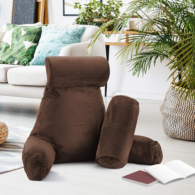 Nestl Reading Pillow Large Bed Pillow, Back Pillow for Sitting in Bed Memory Foam Chair Pillow, Reading & Bed Rest Pillows Chocolate Brown Back Pillow for Bed, Bed Chair Arm Pillow with Pockets
