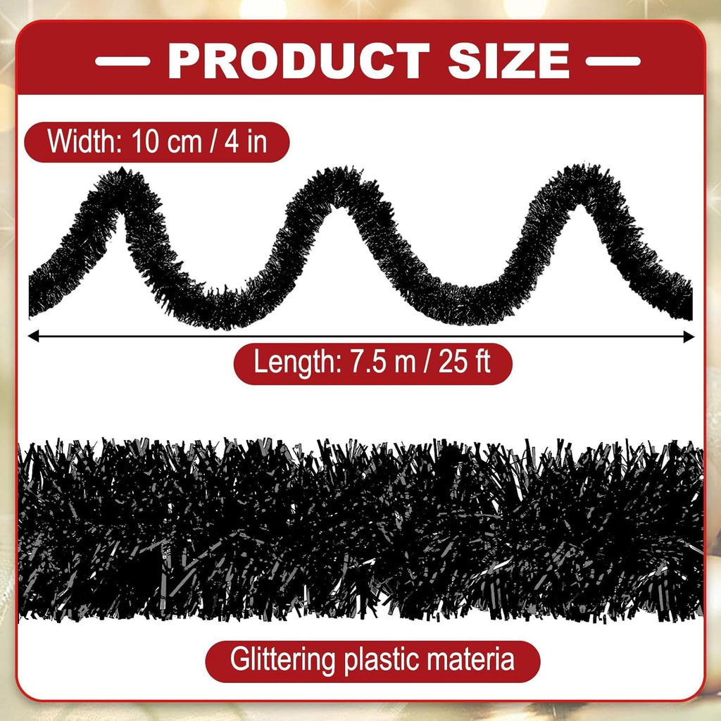 25 Feet Metallic Twist Tinsel Garland - Wall Hanging Backdrop for Parade Floats, Christmas Eve, New Year, Valentine's Day Parties (Black, 4in x 25ft)
