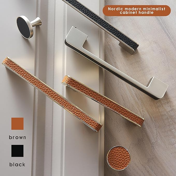 Leather Handle Brass Leather Handle Nordic Minimalist Style Handle Wardrobe Dressing Table Bedroom Living Room Kitchen Handle Hardware Furniture - 2 Pack (Brown, Knob)