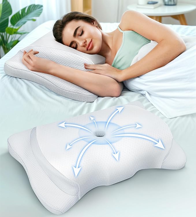 Adjustable Height Cervical Neck Pillow for Pain Relief, Hollow Contour Pillow with Cooling Breathable Pillowcase, Odorless Memory Foam Pillows, Orthopedic Bed Pillow Support Shoulder Side Back Stomach