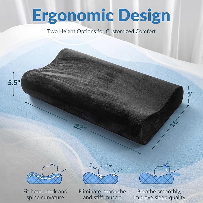 AM AEROMAX 32" King Size Contour Memory Foam Pillow, Neck Pillow for Neck Pain Relief, Neck Orthopedic Sleeping Pillows for Side, Back and Stomach Sleepers(Black,Velvet)