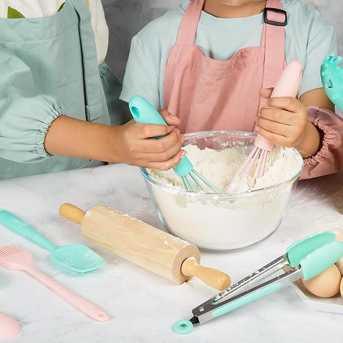 Kids Cooking & Baking Sets Real Little Chef Cooking Utensils Kitchen Set Gifts for Girls Boys Juniors with Utensils Cutting Board Kids Safe Knife Rolling Pin Apron Storage Box (Blue Green)