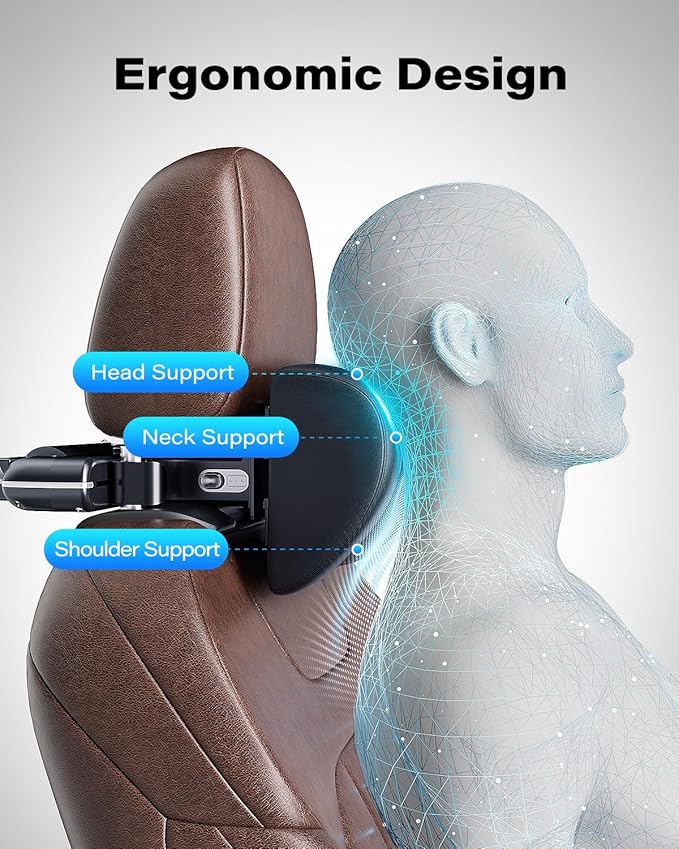OQTIQ Adjustable Car Headrest Pillow, Fit for Different Heights, Memory Foam Car Neck Pillow for Driving, Comfortable Ergonomic Design Road Trip Essentials Car Pillow with Tablet Holder and Hook