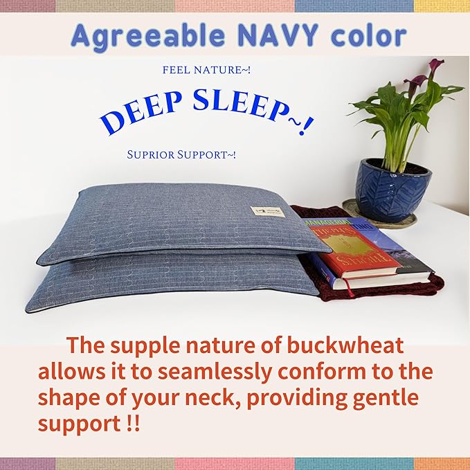 Buckwheat Pillow for Sleeping-Breathable for Cool Sleep,Cervical Support for Back and Side Sleepers(Organic Buckwheat Hulls),Korean Style,Standard Size 22"x14"(1pc).Navy Blue Color