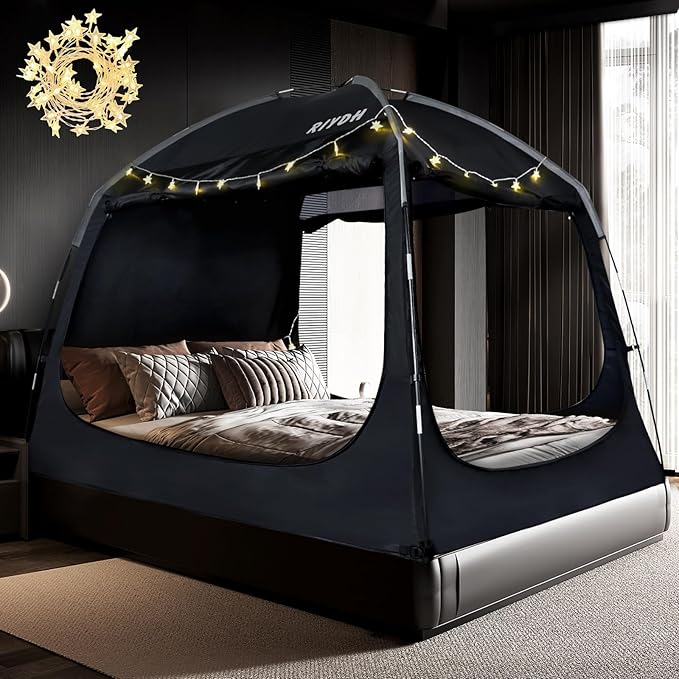 Bed Tent Bed Canopy Breathable 100% for Adult and Kids Light Reduction Sleeping Dream Tents Indoor Portable Big Space with String Light 3 Doors Twin Full Queen King Size