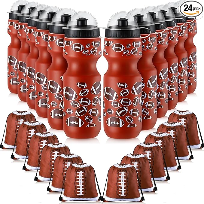 24 Pcs 24 oz Football Water Bottle Bulk and Drawstring Bag Set 12 Reusable Plastic Biking Water Bottle Tumbler 12 Sport Gym Goodie Gift Bag for Party Favor (Brown)