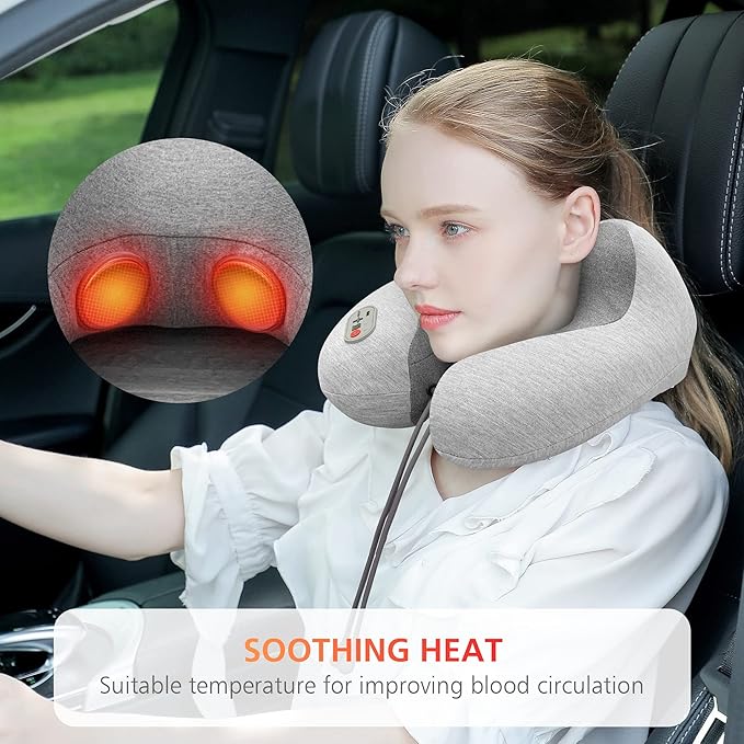COMFIER Cordless Travel Pillow with Vibration Massager,Travel Neck Massage Pillow with Heat for Neck, Lightweight Memory Foam Neck Pillow,Head Support Soft Pillow for Airplane,Office