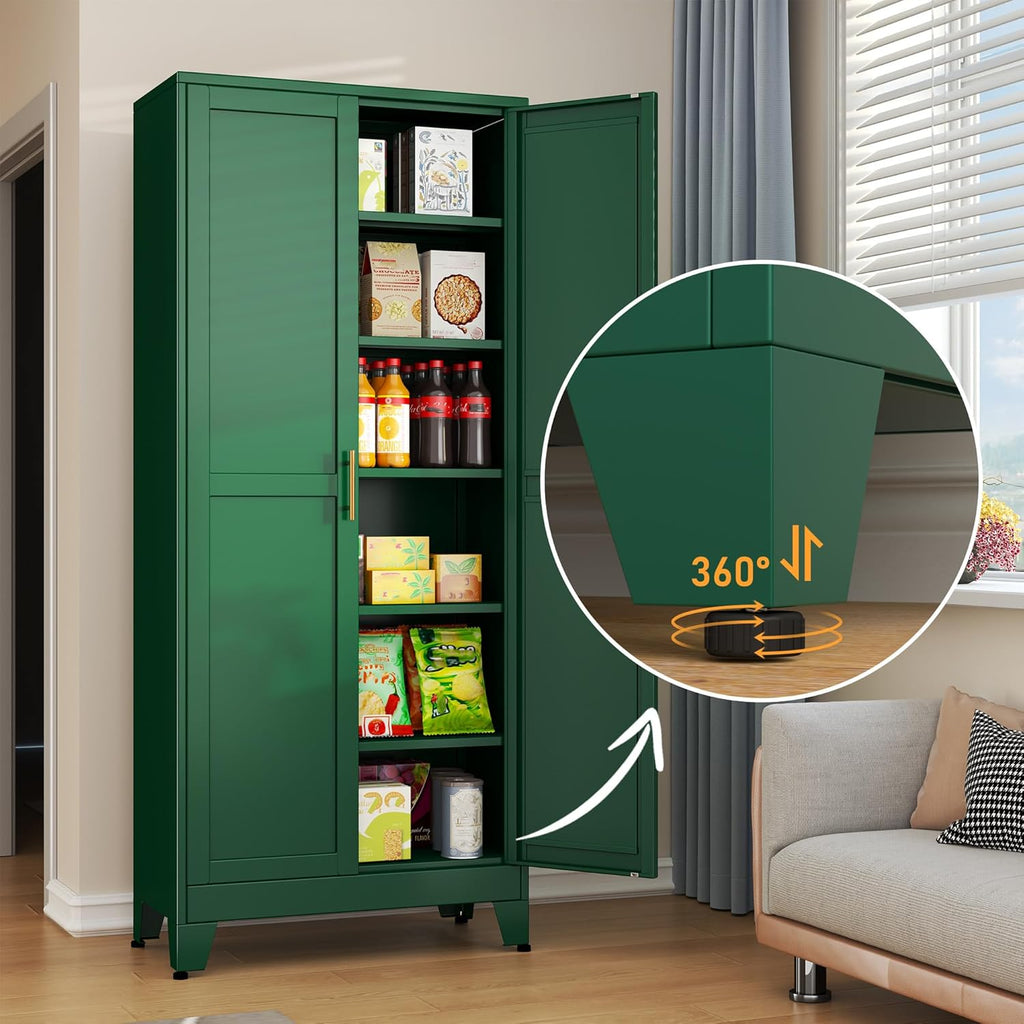 Green Metal Storage Cabinet,75" Steel Cabinets for Home Office, Kitchen Pantry Storage Cabinet with Doors and 5 Adjustable Shelves, Tool Cabinets, for Office, Home, Garage, School