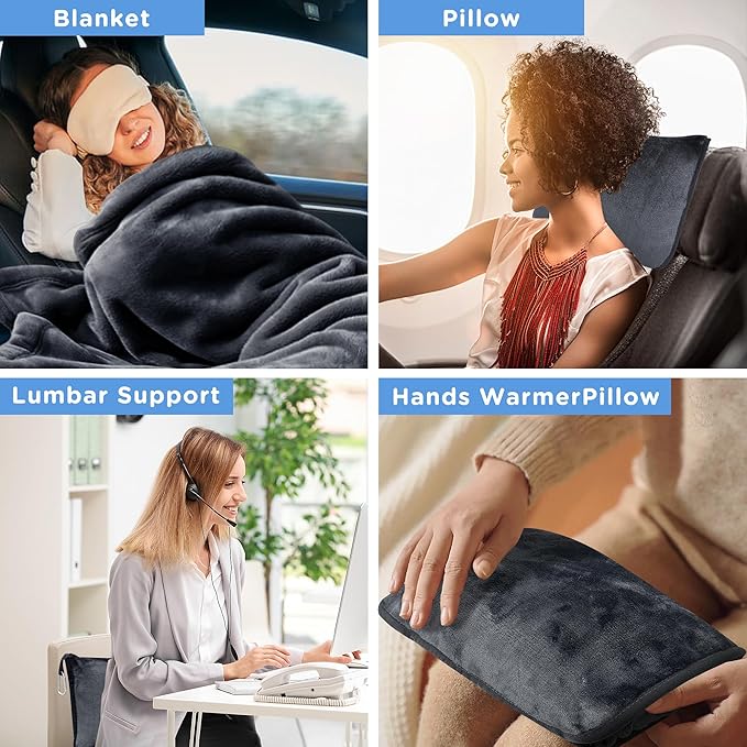 ATsense Travel Blanket Pillow, Premium 2 in 1 Soft Airplane Blanket Compact with Bag Pillowcase, Hand Luggage Sleeve and Backpack Clip - Travel Essentials for Long Trips, Flying and Car, Dark Grey