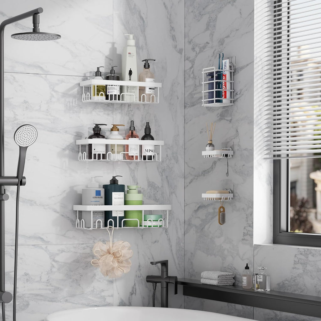 Veken 6-Pack Rustproof Waterproof Shower Caddy, Adhesive Shelves Rack with Soap Holder, Large Bathroom & Washroom Organizer, No Drilling Wall-Mounted Kitchen & Home Decor, Ideal for Bathtub Storage