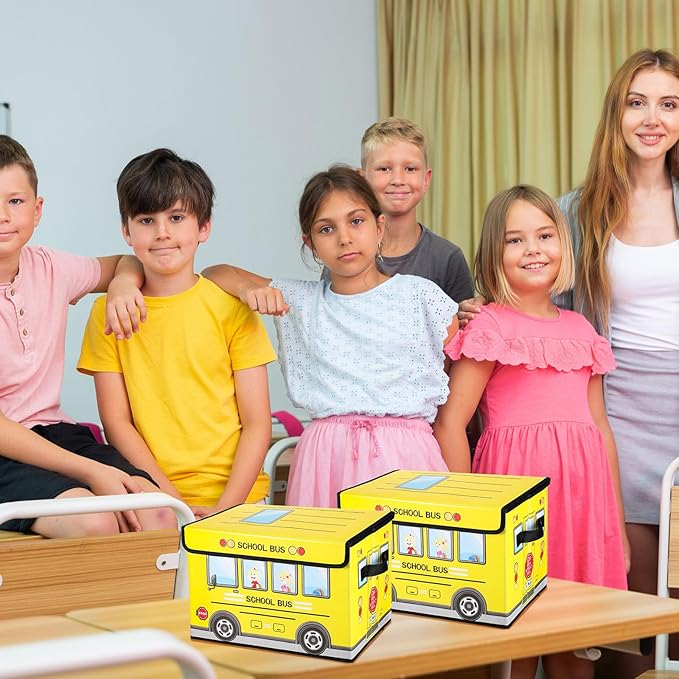 4 Pcs Prize Box for Classroom, School Bus Treasure Box Kids Foldable Chest Storage Box Kids Toy Chest with Lid Treasure Storage Organizer Bin for Kids Teachers Toy Prizes Awards for Students