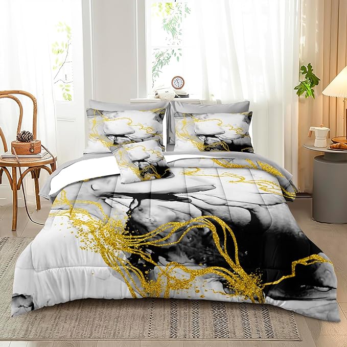 Bedbay Marble Comforter Set Queen Size Watercolor Bedding Black and Gold Bedding Duvet Set Abstract Marble Texture 4 Pieces Soft Microfiber Lightweight Down Alternative Comforter(Ink,Queen)