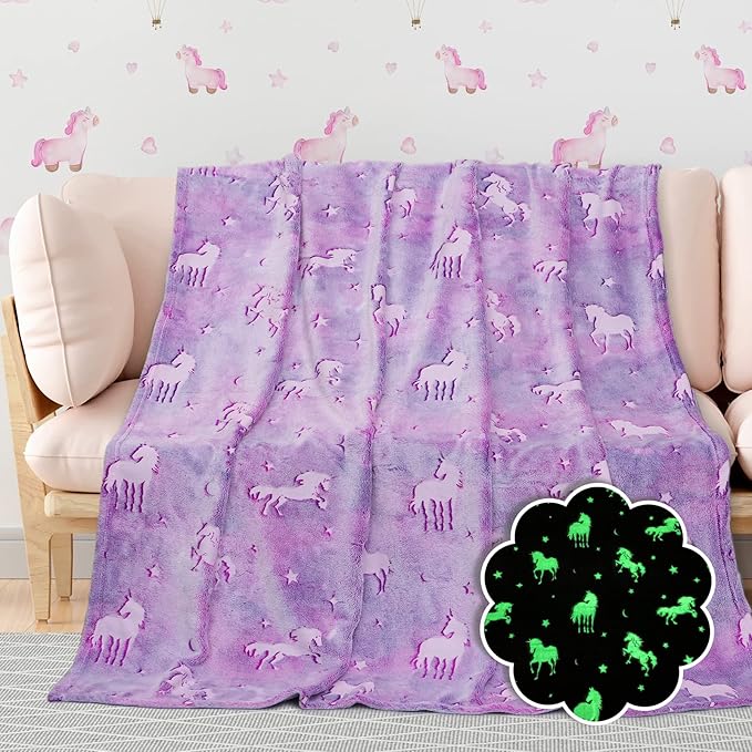 BORORO Unicorn Gifts Purple Glow in The Dark Blanket for Kids Unicorns Toys for Girls Cute Blankets for Birthday Halloween Christmas Valentines Gifts