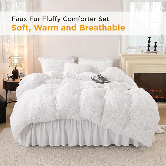 Litanika White Fluffy Comforter King Size, Luxury Shaggy Faux Fur Plush Bedding Set for King Bed, Ultra Soft Warm Velvet Comforter 3 Pieces(1 Fuzzy Comforter 104×90 Inch, 2 Pillowcases)