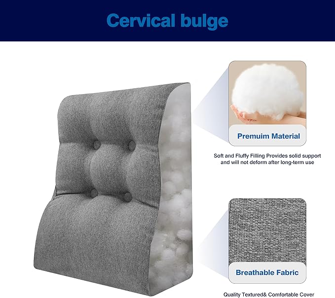 Daneey Bed Pillows for Sitting up in Bed, Reading Pillows for Sitting in Bed Adult, Back Pillow for Bed Sitting Up, Back Support Pillow for Bed Removable Breathable Cover, Gray