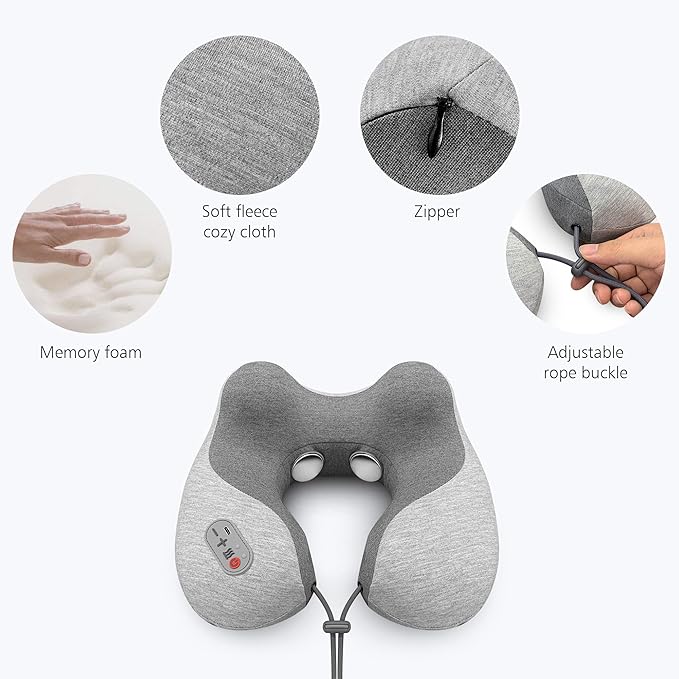 COMFIER Cordless Travel Pillow with Vibration Massager,Travel Neck Massage Pillow with Heat for Neck, Lightweight Memory Foam Neck Pillow,Head Support Soft Pillow for Airplane,Office